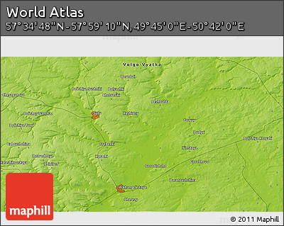 Physical 3D Map of the Area around 57° 46' 59" N, 50° 13' 30" E