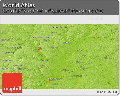 Physical 3D Map of the Area around 57° 46' 59" N, 50° 13' 30" E