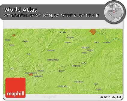 Physical 3D Map of the Area around 57° 46' 59" N, 52° 46' 29" E