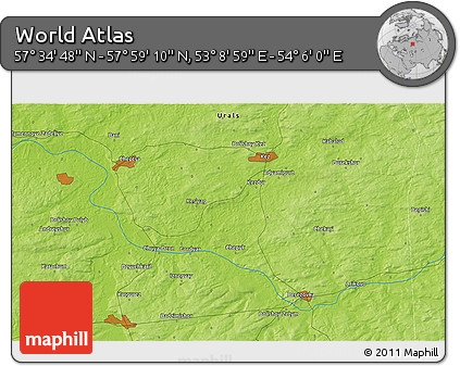 Physical 3D Map of the Area around 57° 46' 59" N, 53° 37' 30" E