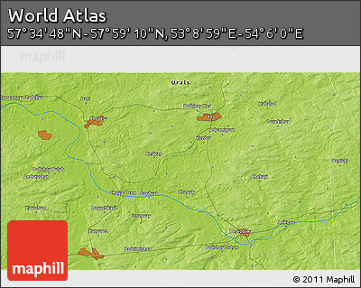 Physical 3D Map of the Area around 57° 46' 59" N, 53° 37' 30" E