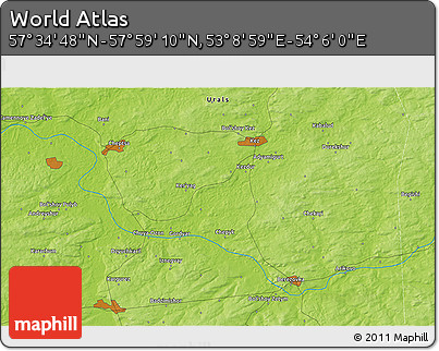 Physical 3D Map of the Area around 57° 46' 59" N, 53° 37' 30" E
