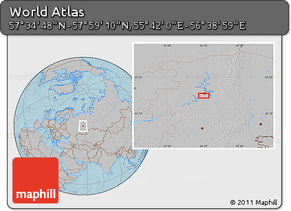 Gray Location Map of the Area around 57° 46' 59" N, 56° 10' 29" E, hill shading
