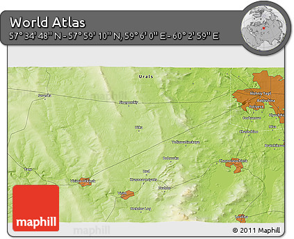 Physical 3D Map of the Area around 57° 46' 59" N, 59° 34' 30" E