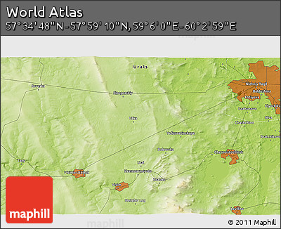 Physical 3D Map of the Area around 57° 46' 59" N, 59° 34' 30" E