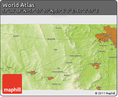 Physical 3D Map of the Area around 57° 46' 59" N, 59° 34' 30" E