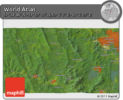 Satellite 3D Map of the Area around 57° 46' 59" N, 59° 34' 30" E