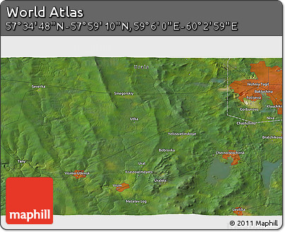 Satellite 3D Map of the Area around 57° 46' 59" N, 59° 34' 30" E