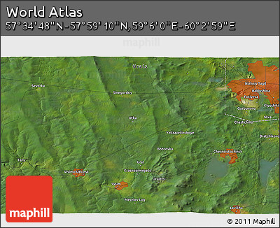 Satellite 3D Map of the Area around 57° 46' 59" N, 59° 34' 30" E