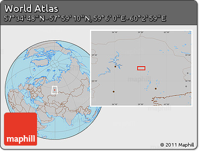 Gray Location Map of the Area around 57° 46' 59" N, 59° 34' 30" E