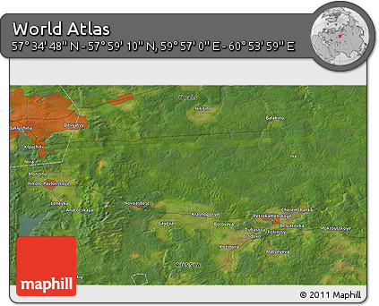 Satellite 3D Map of the Area around 57° 46' 59" N, 60° 25' 29" E