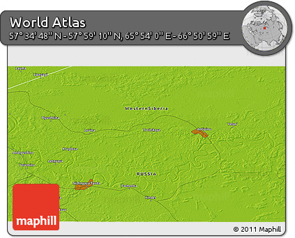 Physical 3D Map of the Area around 57° 46' 59" N, 66° 22' 30" E