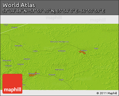 Physical 3D Map of the Area around 57° 46' 59" N, 66° 22' 30" E