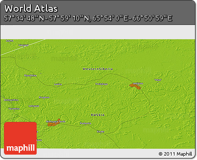 Physical 3D Map of the Area around 57° 46' 59" N, 66° 22' 30" E