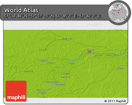 Physical 3D Map of the Area around 57° 46' 59" N, 67° 13' 29" E