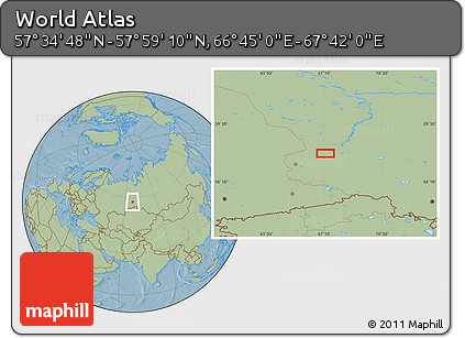 Savanna Style Location Map of the Area around 57° 46' 59" N, 67° 13' 29" E, hill shading