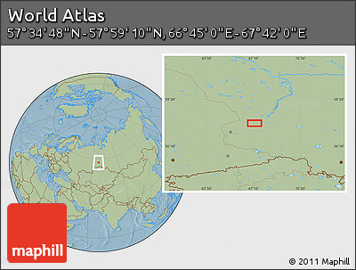 Savanna Style Location Map of the Area around 57° 46' 59" N, 67° 13' 29" E, hill shading