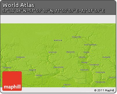 Physical 3D Map of the Area around 57° 46' 59" N, 72° 19' 29" E