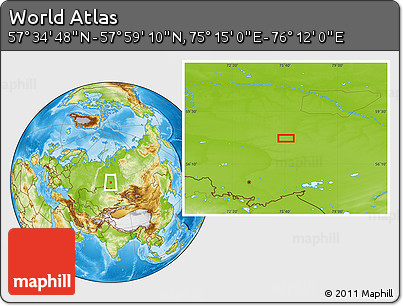 Physical Location Map of the Area around 57° 46' 59" N, 75° 43' 29" E