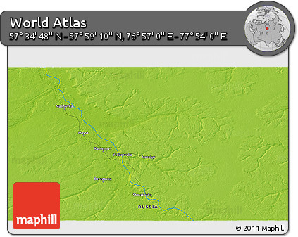 Physical 3D Map of the Area around 57° 46' 59" N, 77° 25' 30" E