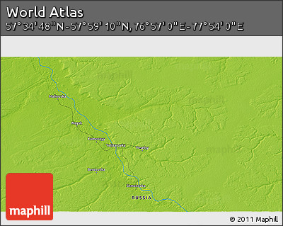 Physical 3D Map of the Area around 57° 46' 59" N, 77° 25' 30" E
