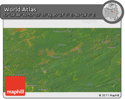 Satellite 3D Map of the Area around 57° 46' 59" N, 85° 55' 30" E