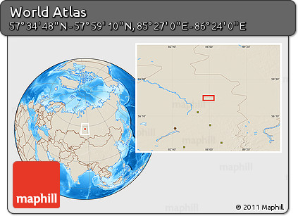 Shaded Relief Location Map of the Area around 57° 46' 59" N, 85° 55' 30" E