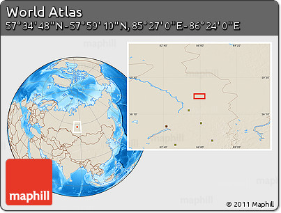 Shaded Relief Location Map of the Area around 57° 46' 59" N, 85° 55' 30" E
