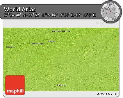 Physical 3D Map of the Area around 57° 46' 59" N, 86° 46' 30" E