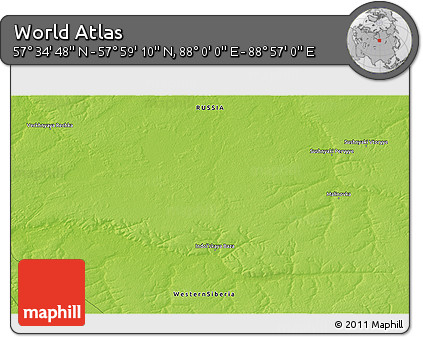 Physical 3D Map of the Area around 57° 46' 59" N, 88° 28' 29" E
