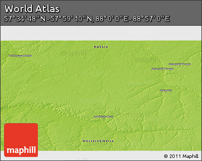 Physical 3D Map of the Area around 57° 46' 59" N, 88° 28' 29" E