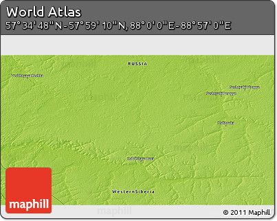 Physical 3D Map of the Area around 57° 46' 59" N, 88° 28' 29" E