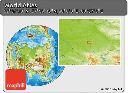 Physical Location Map of the Area around 57° 46' 59" N, 88° 28' 29" E