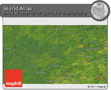 Satellite 3D Map of the Area around 57° 46' 59" N, 91° 52' 30" E