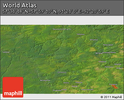 Satellite 3D Map of the Area around 57° 46' 59" N, 91° 52' 30" E