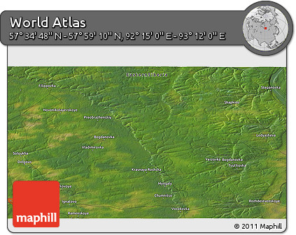 Satellite 3D Map of the Area around 57° 46' 59" N, 92° 43' 29" E