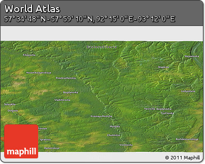 Satellite 3D Map of the Area around 57° 46' 59" N, 92° 43' 29" E