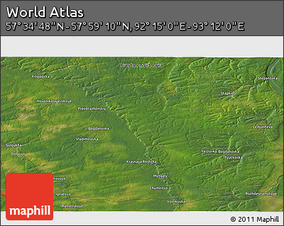 Satellite 3D Map of the Area around 57° 46' 59" N, 92° 43' 29" E