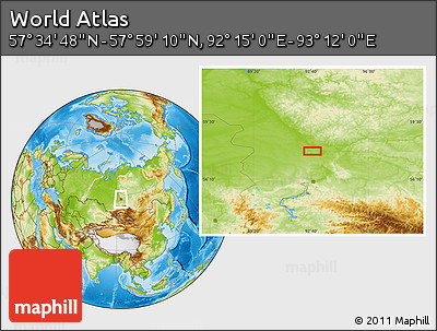 Physical Location Map of the Area around 57° 46' 59" N, 92° 43' 29" E