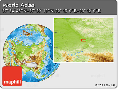 Physical Location Map of the Area around 57° 46' 59" N, 92° 43' 29" E