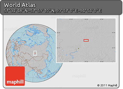 Gray Location Map of the Area around 57° 46' 59" N, 94° 25' 30" E, hill shading
