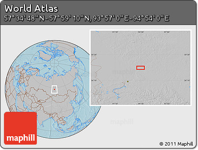 Gray Location Map of the Area around 57° 46' 59" N, 94° 25' 30" E, hill shading