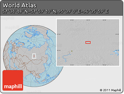 Gray Location Map of the Area around 57° 46' 59" N, 96° 7' 30" E, hill shading