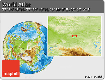 Physical Location Map of the Area around 57° 46' 59" N, 96° 58' 29" E