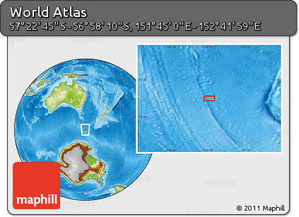 Physical Location Map of the Area around 57° 10' 28" S, 152° 13' 29" E