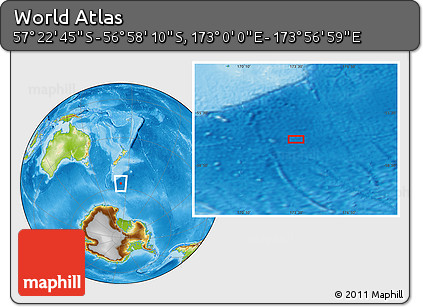 Physical Location Map of the Area around 57° 10' 28" S, 173° 28' 29" E