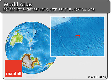 Physical Location Map of the Area around 57° 10' 28" S, 176° 1' 30" E