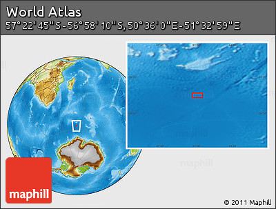Physical Location Map of the Area around 57° 10' 28" S, 51° 4' 30" E