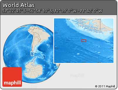 Shaded Relief Location Map of the Area around 57° 10' 28" S, 72° 10' 30" W