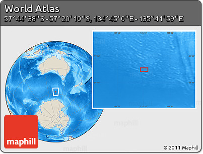 Shaded Relief Location Map of the Area around 57° 32' 24" S, 135° 13' 29" E